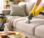 Cleaning the sofa in a bright living room