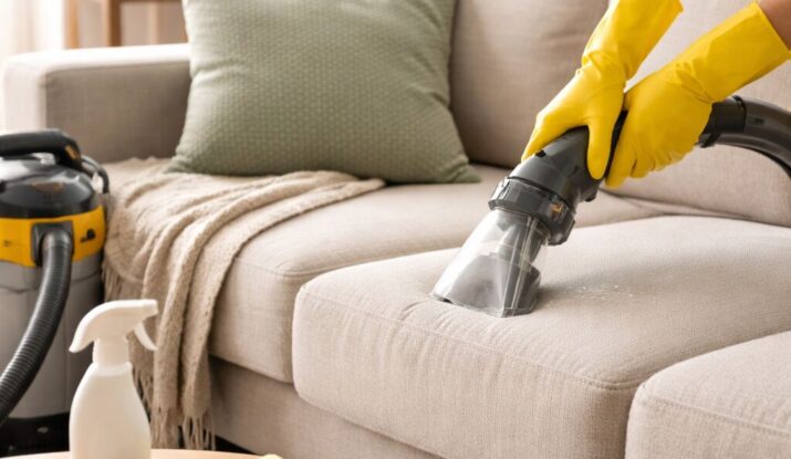 Cleaning the sofa in a bright living room