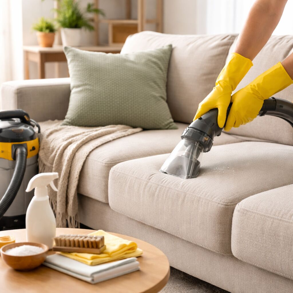 Cleaning the sofa in a bright living room